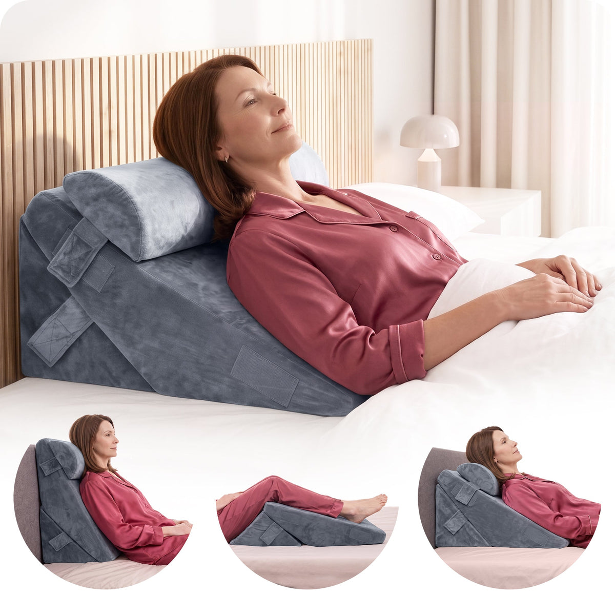Lunix LX6 3-Piece Wedge Pillow Set for Reading, Rest and Leg Elevation, Stone Navy