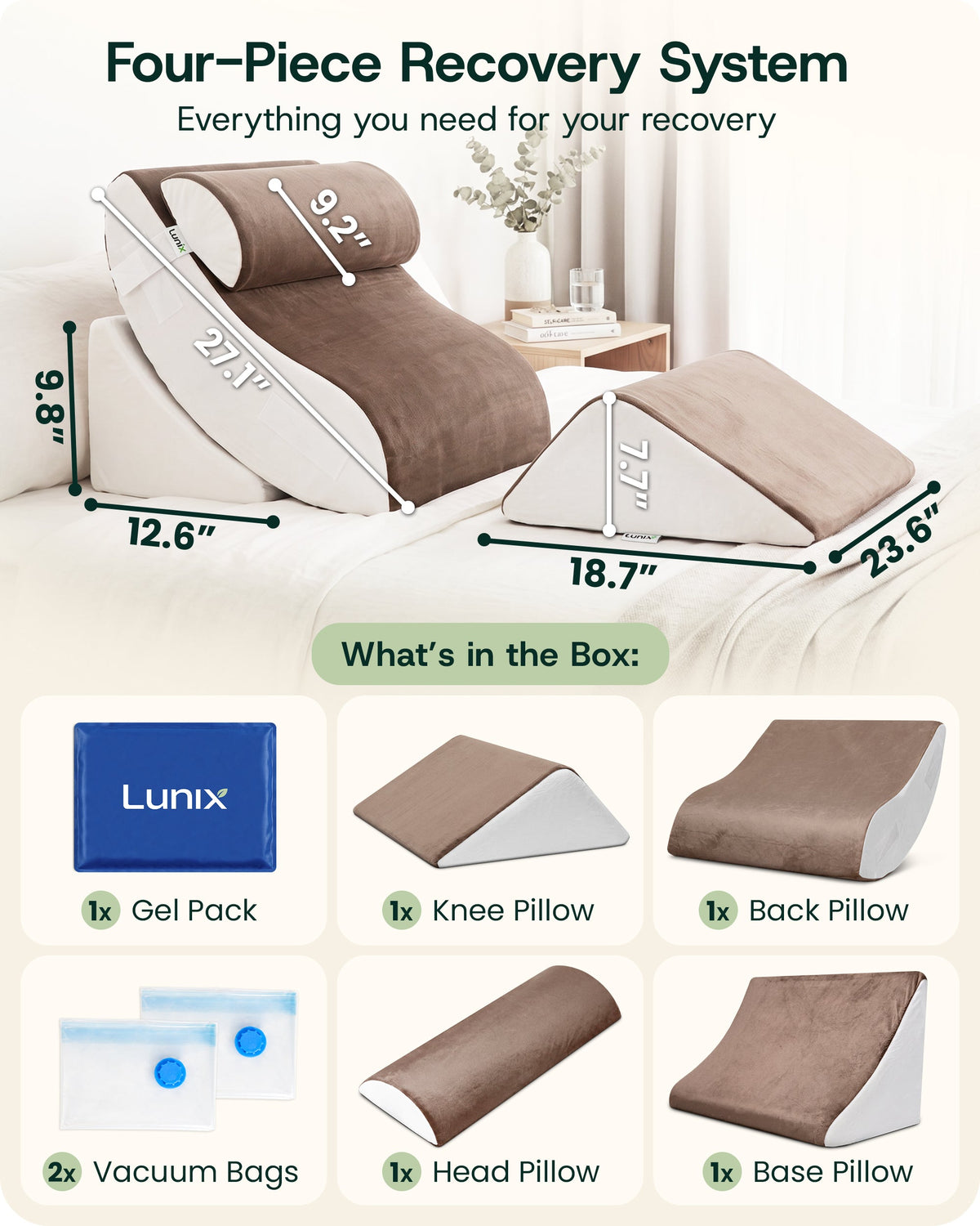 Lunix LX5 4-Piece Bed Wedge Pillow Set for Shoulder and Upper Body, Almond Brown