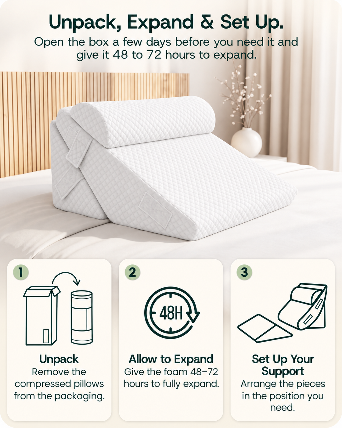 Lunix LX6 3-Piece Wedge Pillow Set for Reading, Rest and Leg Elevation, Pebble White