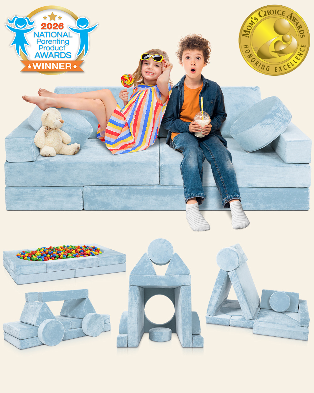 Lunix LX15 14-Piece Modular Kids Play Couch, Serenity Blue