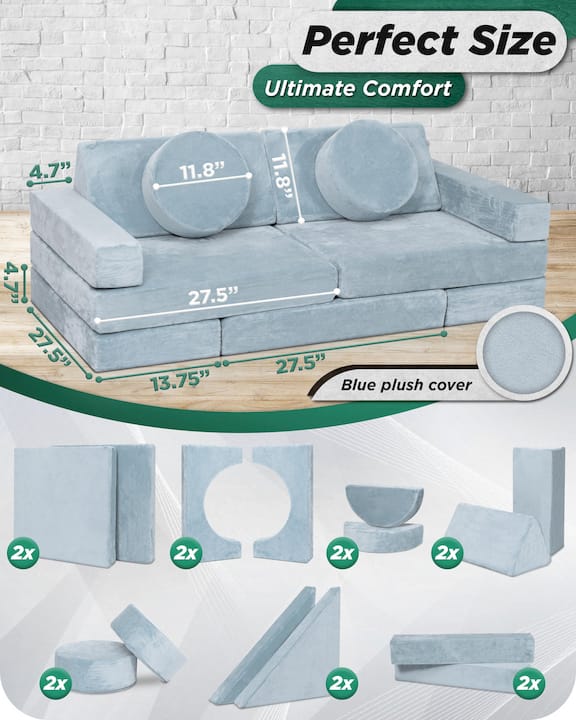 Lunix LX15 14-Piece Modular Kids Play Couch, Serenity Blue