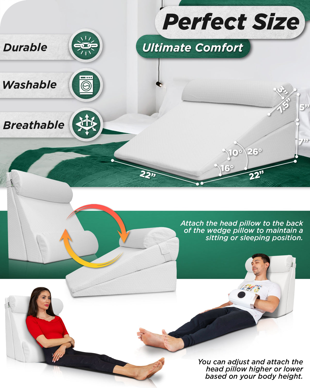 Lunix LX8 4-Piece Wedge Pillow Set for Nighttime Comfort and Rest, Pebble White