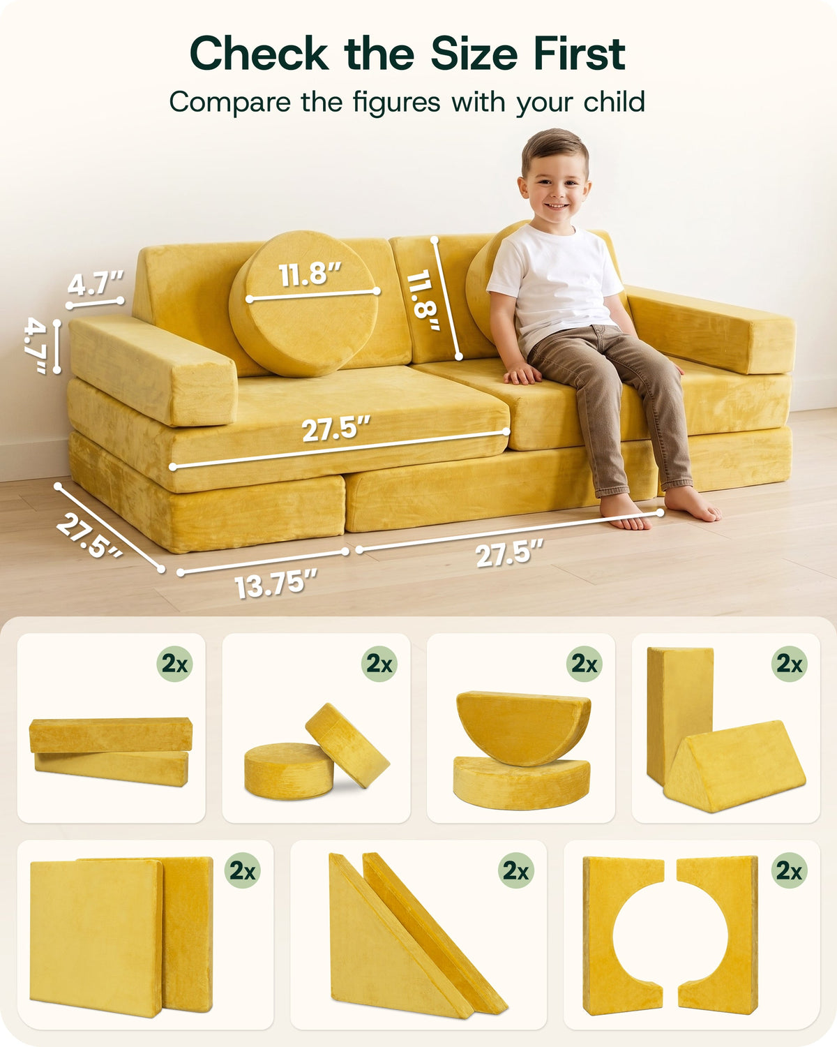 Lunix LX15 14-Piece Modular Kids Play Couch, Amber Yellow