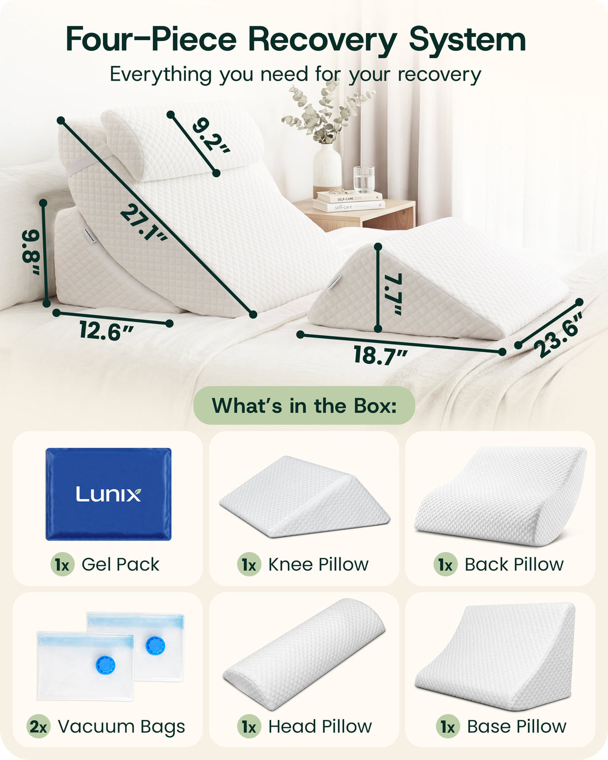 Lunix LX5 4-Piece Bed Wedge Pillow Set for Shoulder and Upper Body, Pebble White