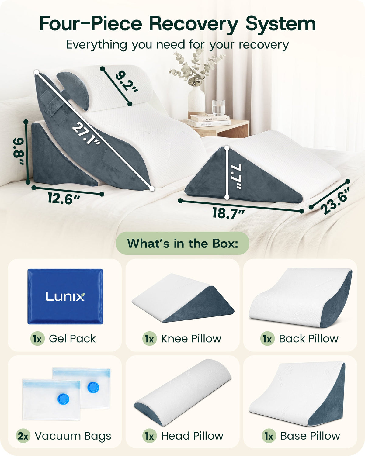 Lunix LX5 4-Piece Bed Wedge Pillow Set for Shoulder and Upper Body, Arctic Navy