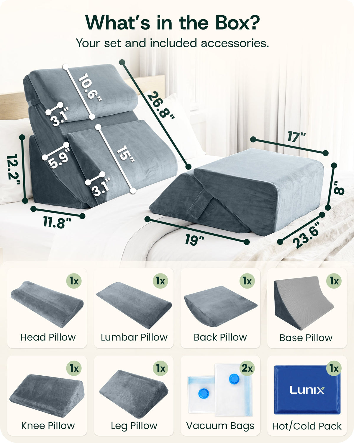 Lunix LX13 6-Piece Bed Wedge Pillow System for Rest and Positioning, Stone Navy