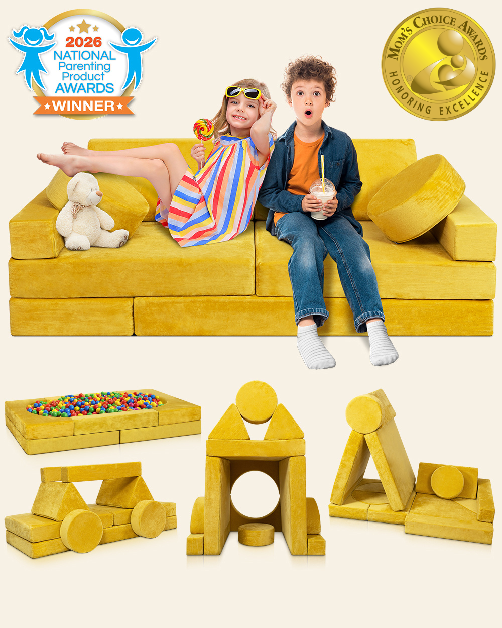 Lunix LX15 14-Piece Modular Kids Play Couch, Amber Yellow