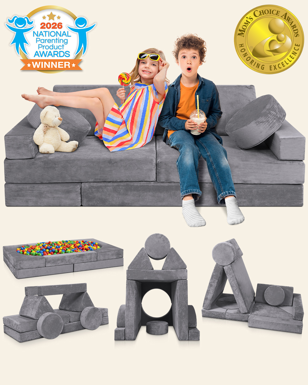 Lunix LX15 14-Piece Modular Kids Play Couch, Granite Gray