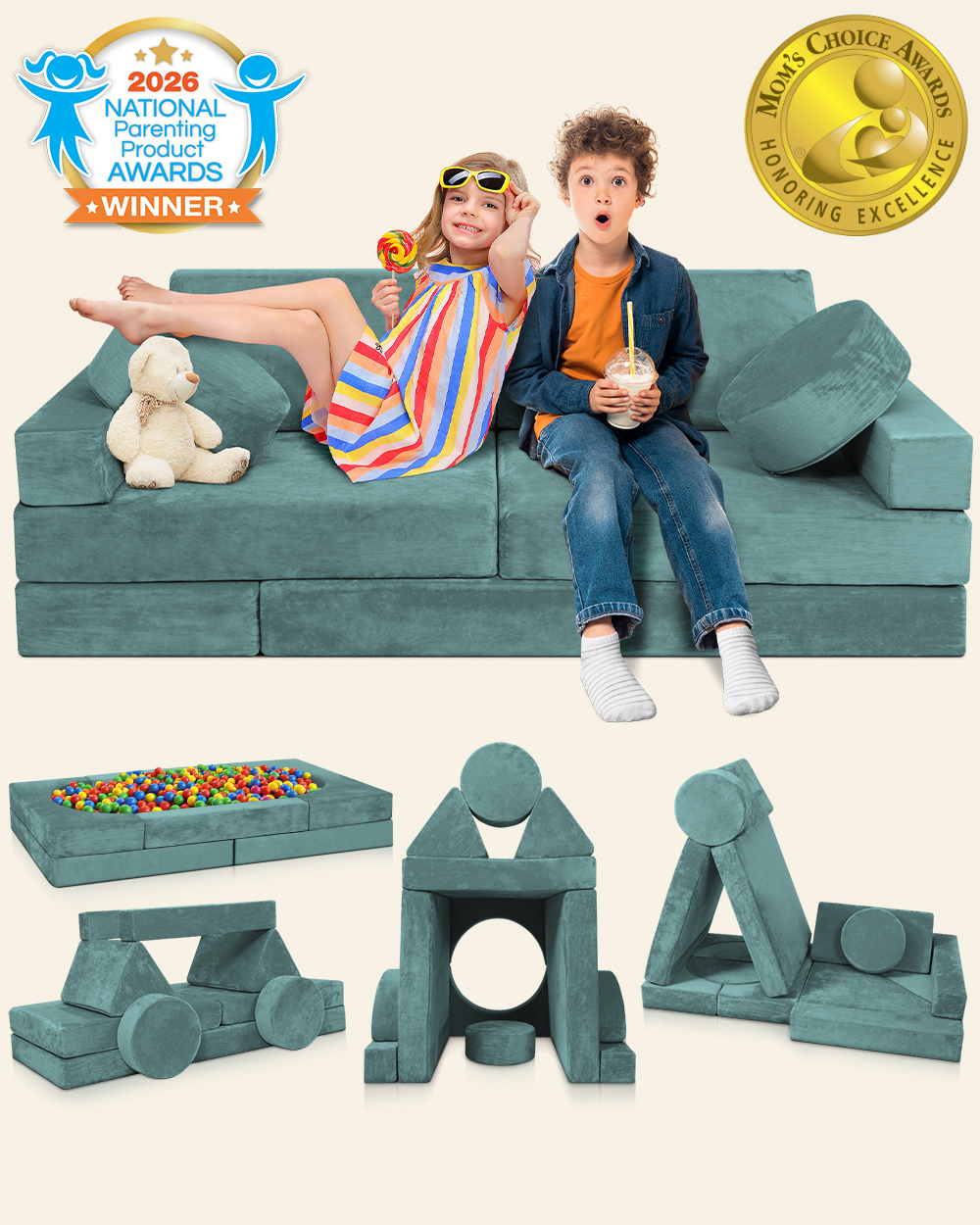 Lunix LX15 14-Piece Modular Kids Play Couch, Sage Teal