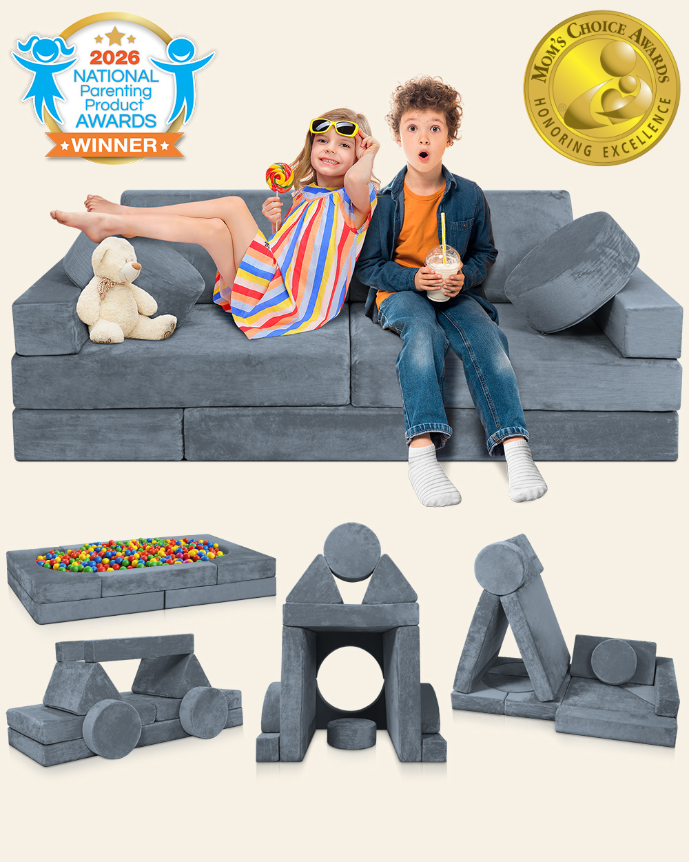 Lunix LX15 14-Piece Modular Kids Play Couch, Stone Gray