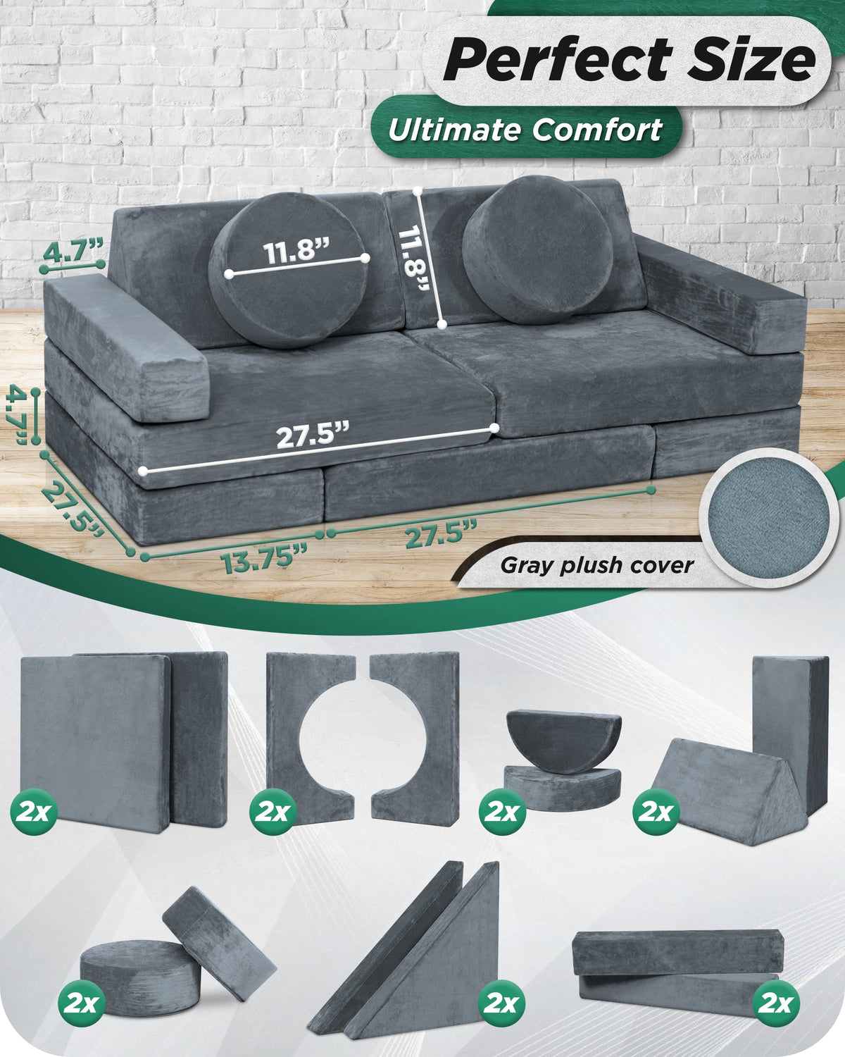 Lunix LX15 14-Piece Modular Kids Play Couch, Stone Gray
