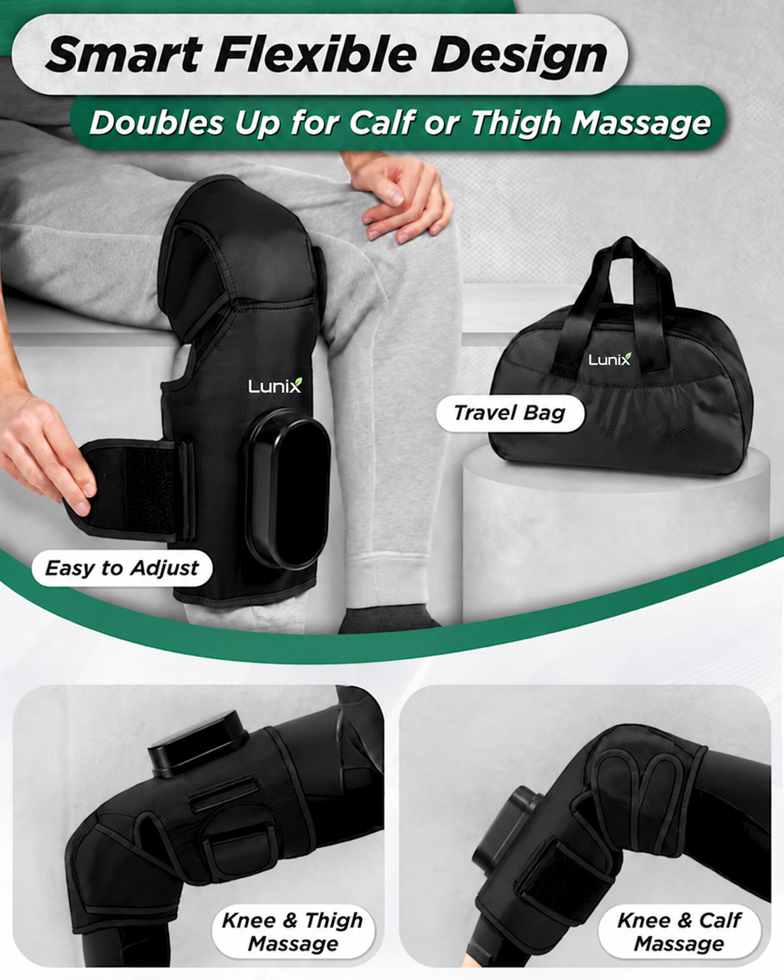 Lunix LX4 Cordless Knee Compression Massager with Heat, Charcoal Black