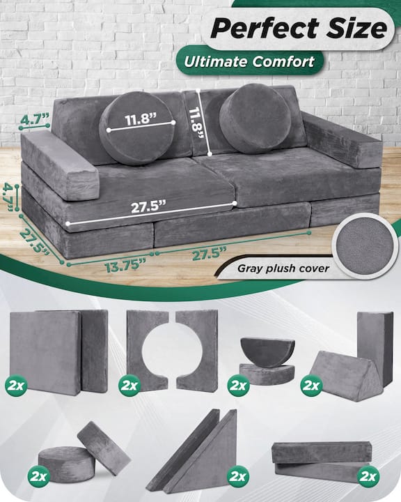 Lunix LX15 14-Piece Modular Kids Play Couch, Granite Gray