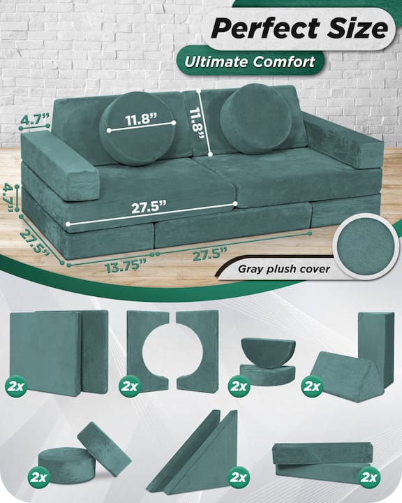 Lunix LX15 14-Piece Modular Kids Play Couch, Sage Teal